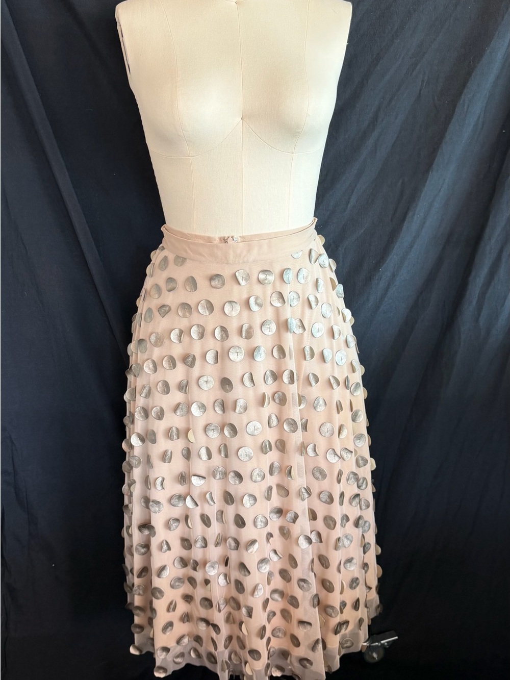 Eva Franco Tan Mesh Midi Skirt with Metallic Leathery Paillette Circles